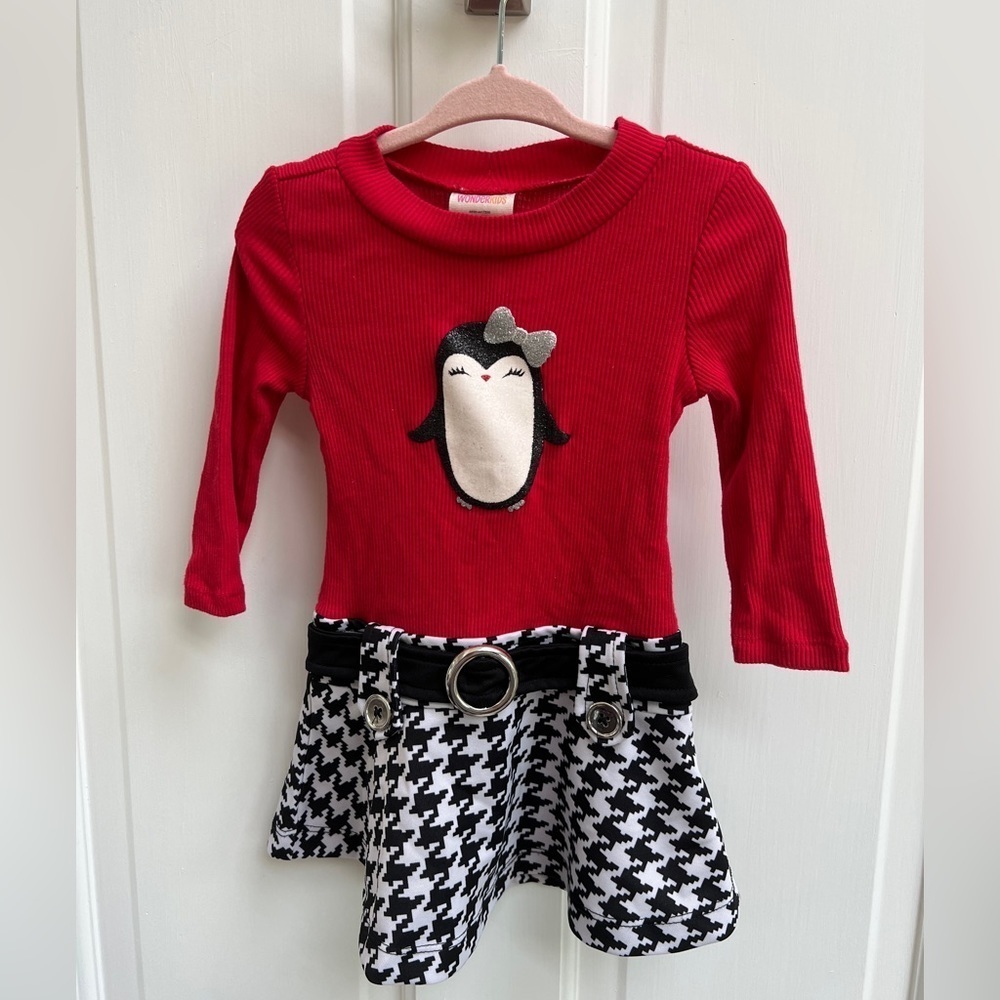 Wonderkids 18M Red, White and Black Penguin Houndstooth Girls Long Sleeve Dress